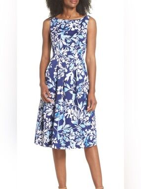 Eliza J Blue Floral Fit & Flare Knee Length Dress, 12